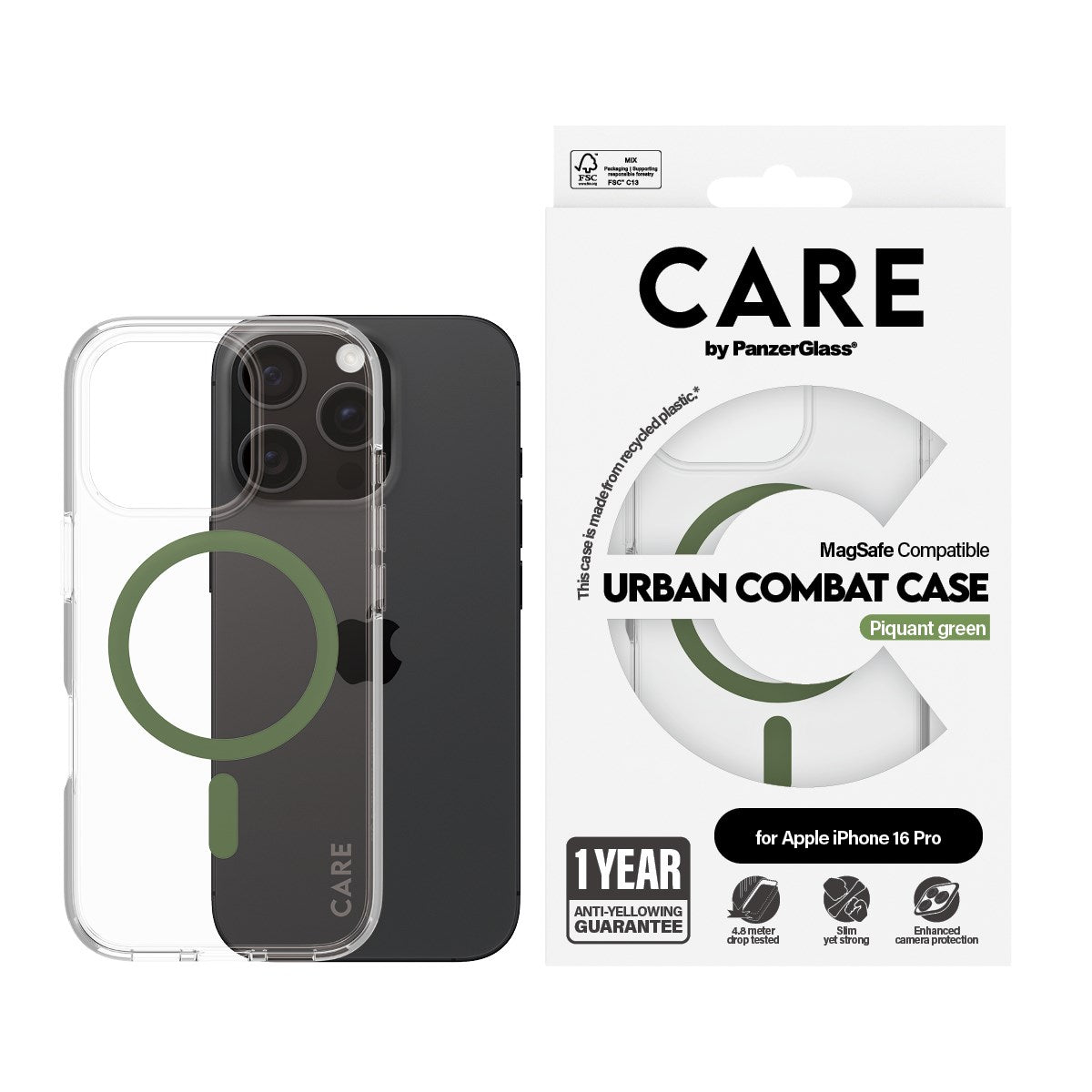 CARE by PanzerGlass® Urban Combat Case Transparent m. Grøn MagSafe iPhone 16 Pro